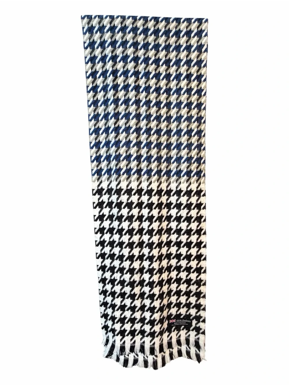 Made in Scotland 100% Cashmere Houndstooth Scarf Black White Blue 70”x12” Fringe